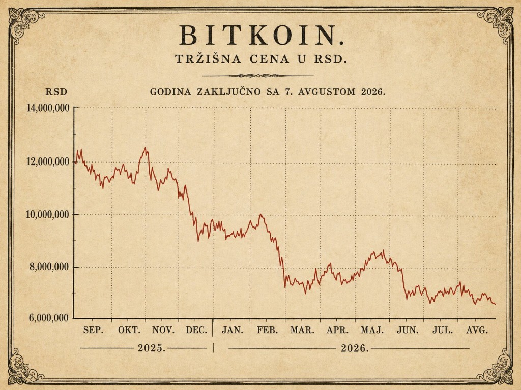 Grafikon cene bitkoina u RSD sa padom kroz period