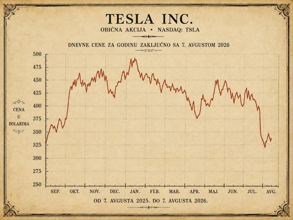 Grafikon cene Tesla Inc. akcija sa padom kroz period